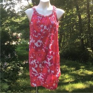 Donna Ricco red and orange braided metallic neckline drape front shift sz 4 NWT